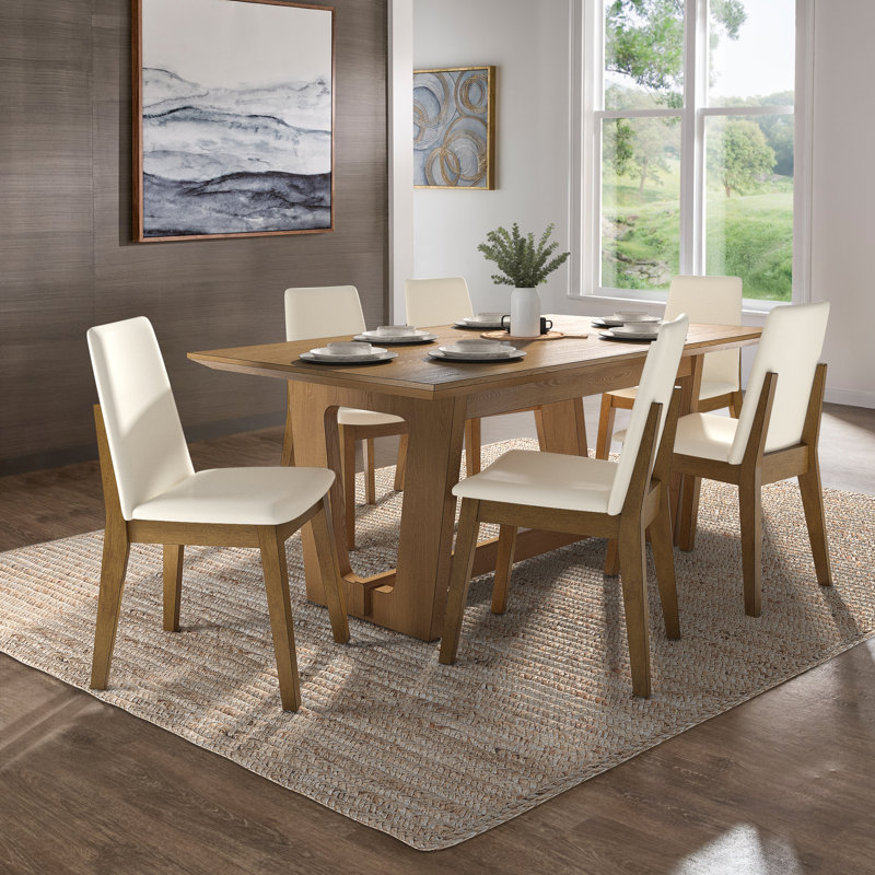Patino 72" Rectangular Wood Dining Set With Vegan Leather Upholstered Chairs, Light Brown