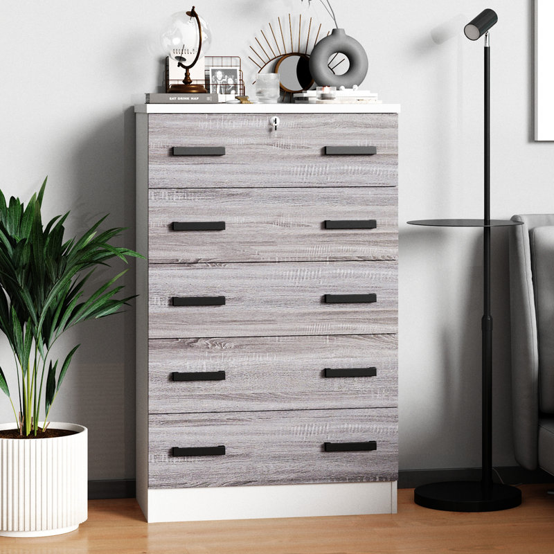 Basurto 5 Drawer Chest Wooden Dresser with Lock, White/Gray