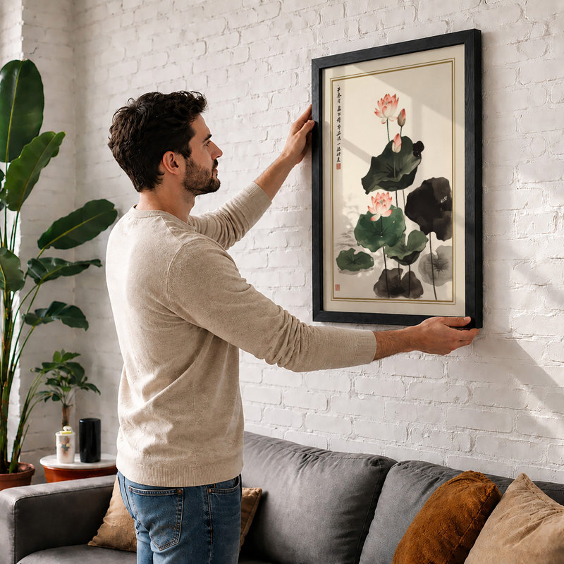 Lotus and Leaves Japandi - Framed Print, A2 - 59.4 x 42.0 cm, Walnut