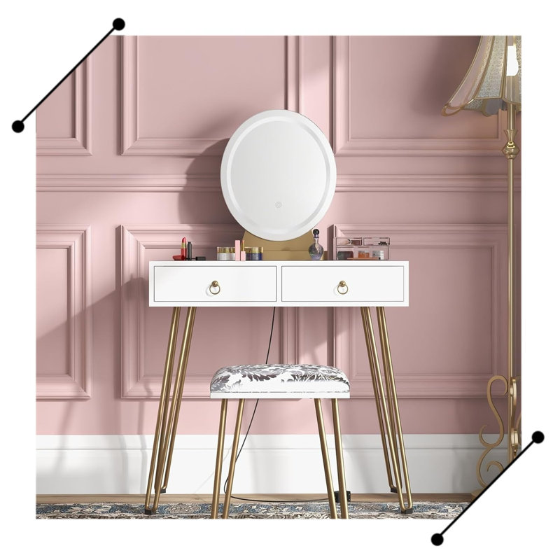 Table with Mirror Lamp,Dressing Table with 2 Drawers