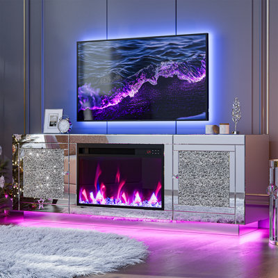 Mirrored TV Stand with LED Light, Mirrored Fireplace TV Stand with Storage Cabinet & Crushed Diamonds, Fits Tvs Up To 65"+