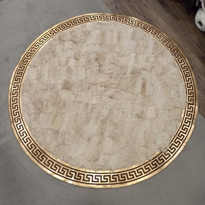 Round Tuscan Area Rug With Gold Greek Key Border, Beige Leather Carpet_Round 7 Ft