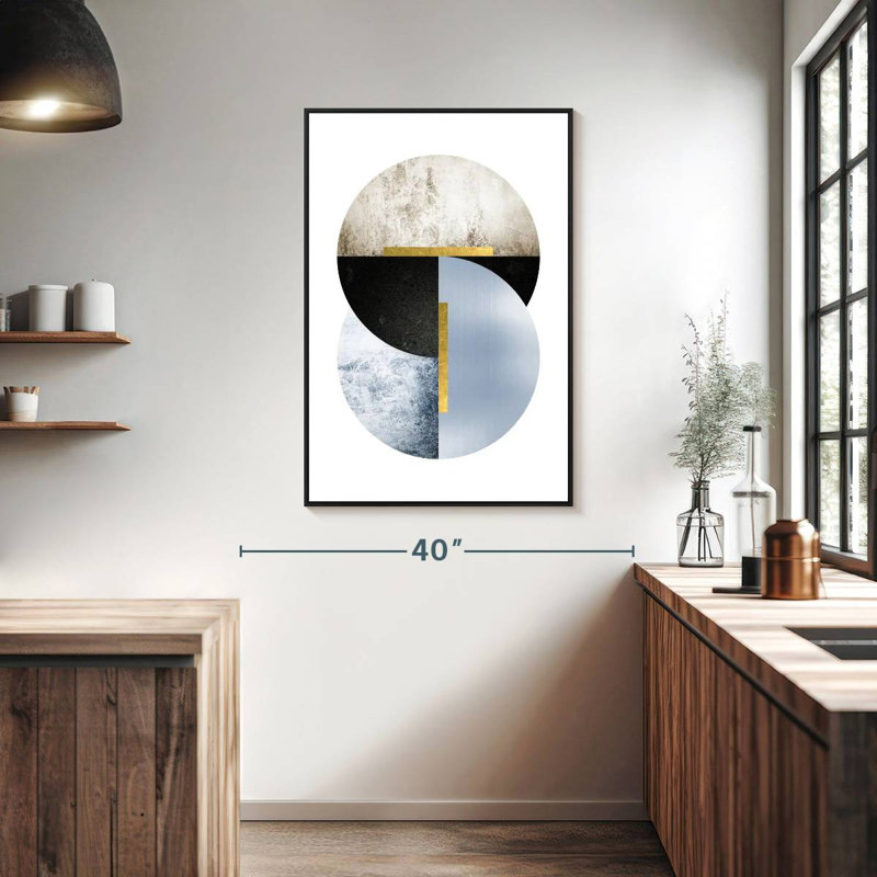Bleu, beige, noir, géo, Cadre flottant noir, 27 po x 40 po