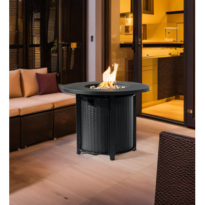 Odynn 25" H x 32" W Outdoor Round Propane Fire Pit Table with Cover Lid and Wicker base for Hideaway Gas Tank Seat 50000BTU