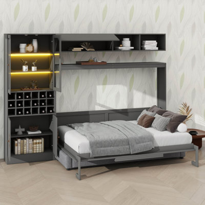 Queen Size Bed With Couch, Storage Shelves, Charging Station, LED Light, Bookshelf, And Wine Rack