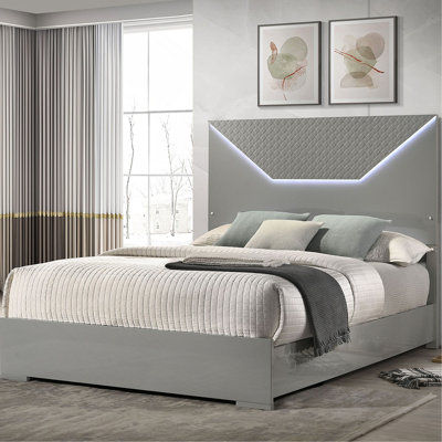 Grey High Gloss Panel Bed LED Headboard