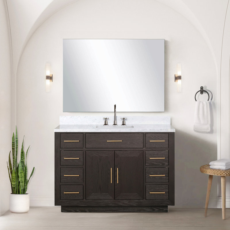 Meuble-lavabo simple en chêne 48 po X P 22 po D, avec plateau en marbre de Carrare, Doré, Brun