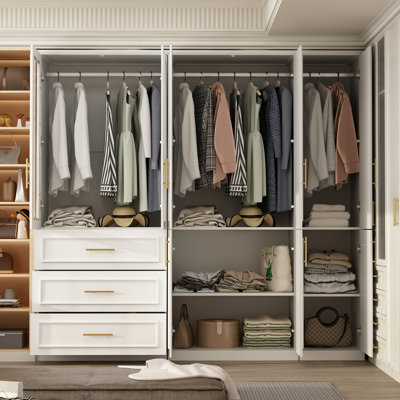 79.1" W Wardrobe Armoire with 8 Doors, 3 Drawers, Shelves & Hanging Rods