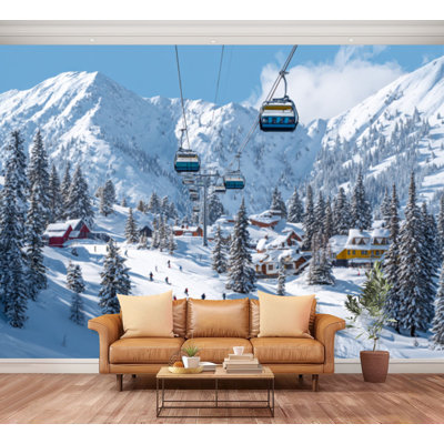 Wall Mural Peel and Stick Wallpaper Colorful Ski Resort Scene Snowy Mountains Cable Cars Self-Adhesive Removable Contact Paper Wall Decor for Living Room Bedroom 100"H x 144"W