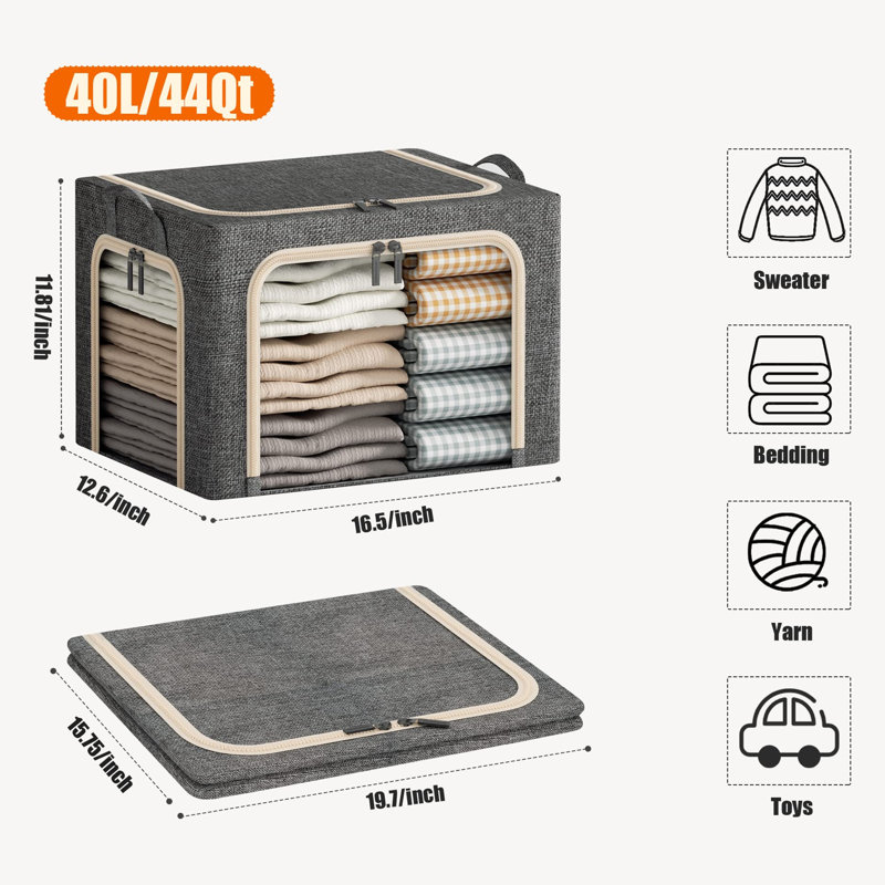 Boîte de rangement en tissu à 3 ouvertures avec cadre en métal et couvercle pliable, Gris clair
