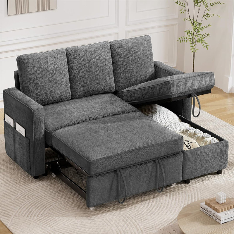 Ebern Designs 81" Convertible L Shaped Couch Sofa Sleeper With Reversible Chaise With Storage And Side Pockets, Gray