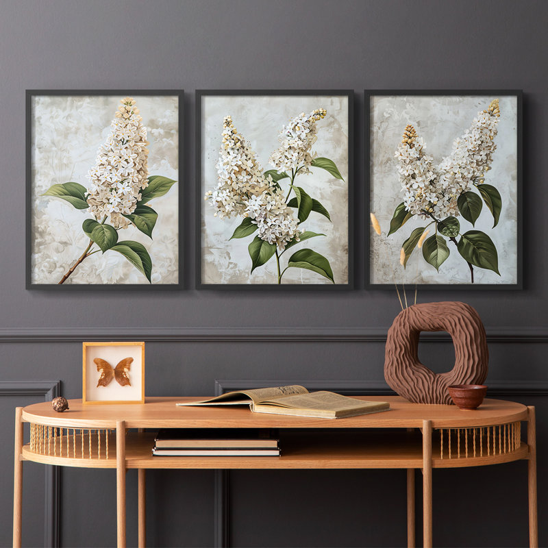 Série d'étude florale Lxxxiv - ensemble de 3 estampes numériques encadrées - prêt à être accroché, Noir, noir, noir, noir
