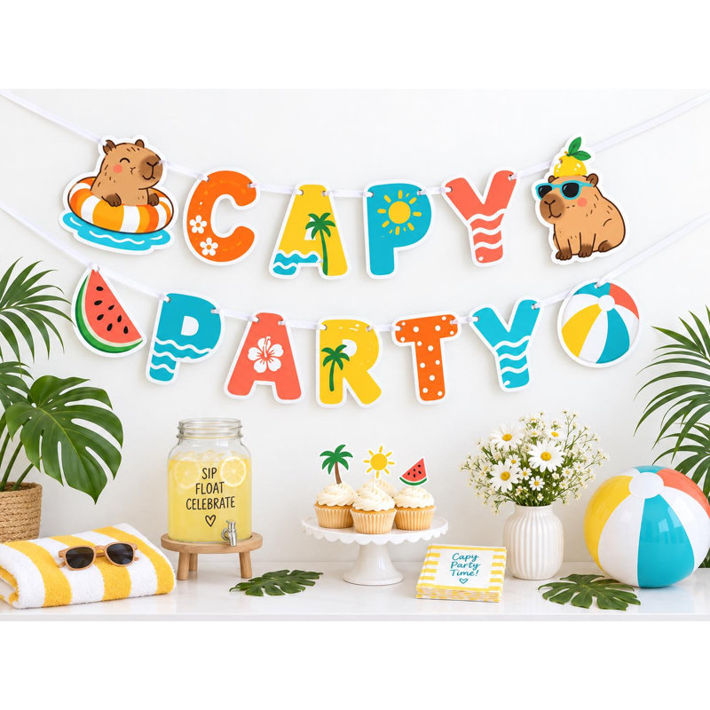 Capybara Pool Party Birthday Banner, Sunny Swim Ring Watermelon Cardstock Garland