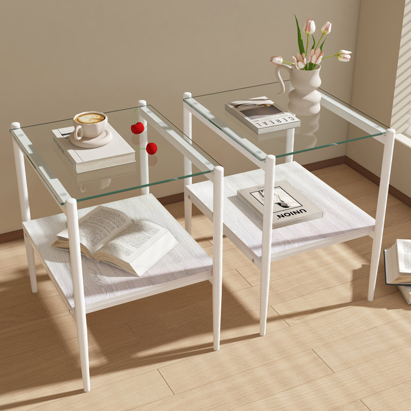 Tables d'appoint en verre trempé avec tablette Finkelstein, Blanc, Transparent