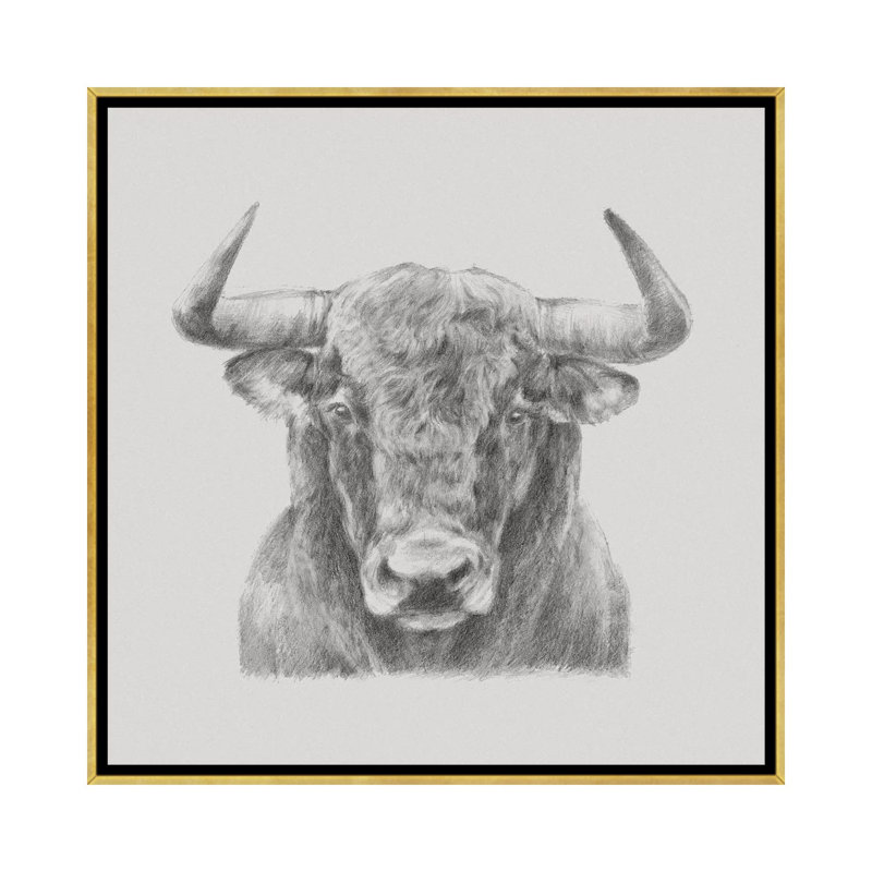 « Black & White Bull » par Ethan Harper, reproduction d’art sur toile, Pas de tapis, Toile encadrée d'or