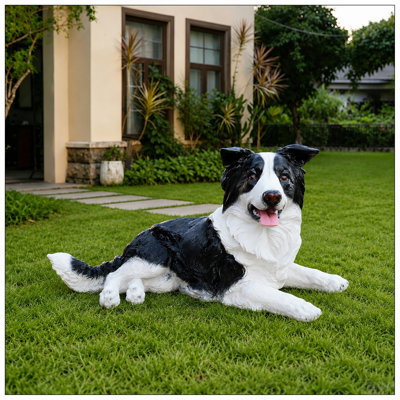 Statue de chien collie avec bordure de jardin extérieur - décoration de chiot mignon