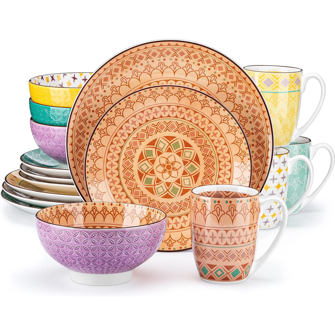 16 Pieces Poreclain Dinnerware Set, Multicolor Set, Dinner Plate, Dessert Plate, Bowl And Mug Set For 4 Person, Bohemain Style