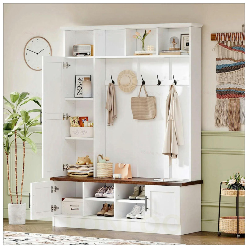 Versatile 3-in-1 Hall Tree with 6 Hooks, Farmhouse Storage Bench, Adjustable Shelves, and Multiple Storage Space for Entryway