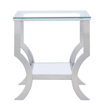 Square Glass End Table With Reflective Surface, Ideal For Various Furniture, 22 Inches High Metallic Finish And Fluid Legs,