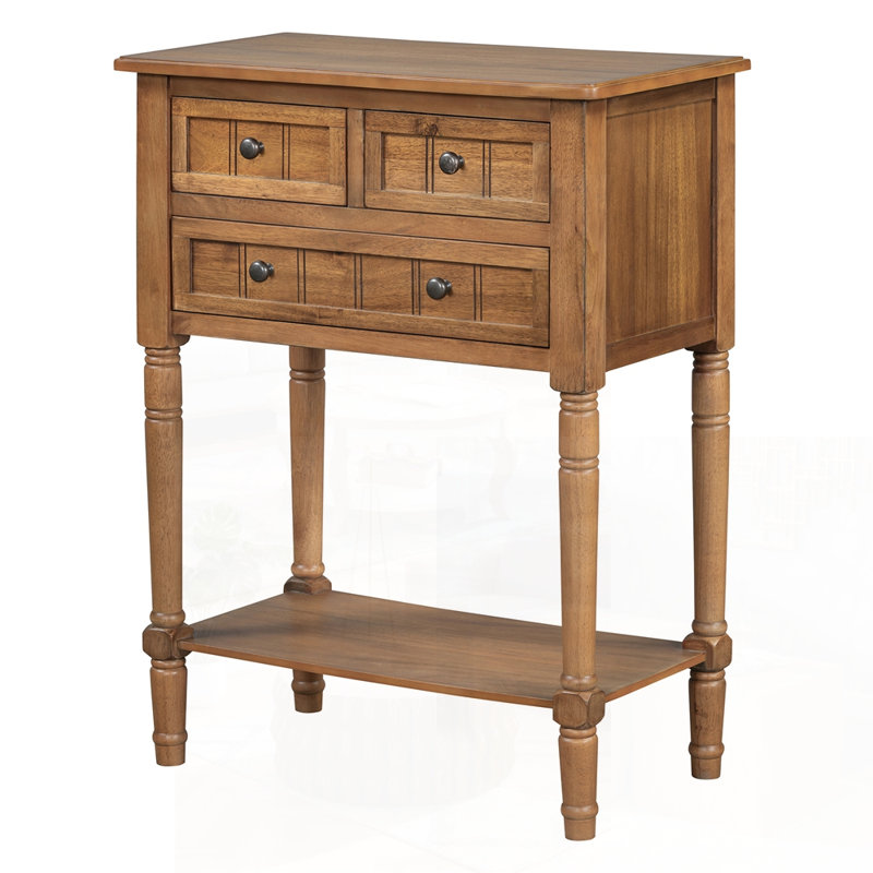 Narrow Console Table, Slim Sofa Table With Three Storage Drawers And Bottom Shelf For Compact Spaces, Natural