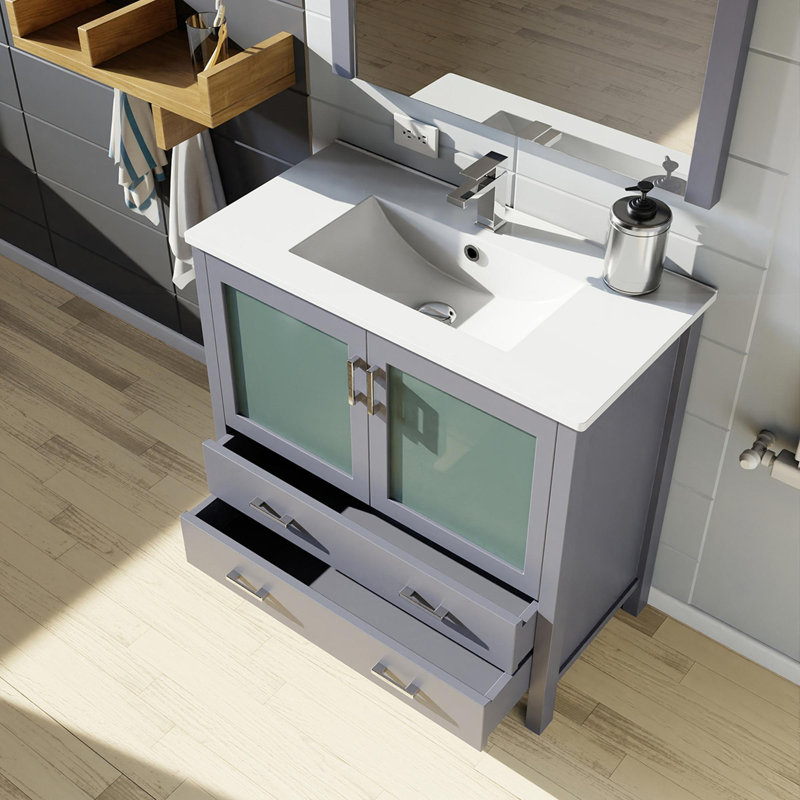 Meuble-lavabo avec comptoir en céramique blanche, Gris foncé