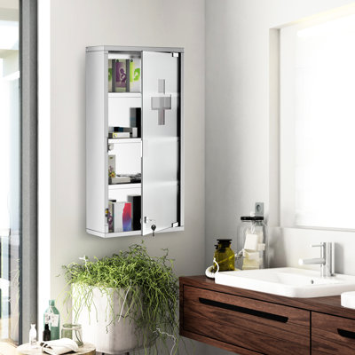 Armoire Meds avec serrure et porte en verre, acier inoxydable, tablettes à 4 niveaux, 12 po x 24 po, rangement en acier argenté verrouillable, fixation murale