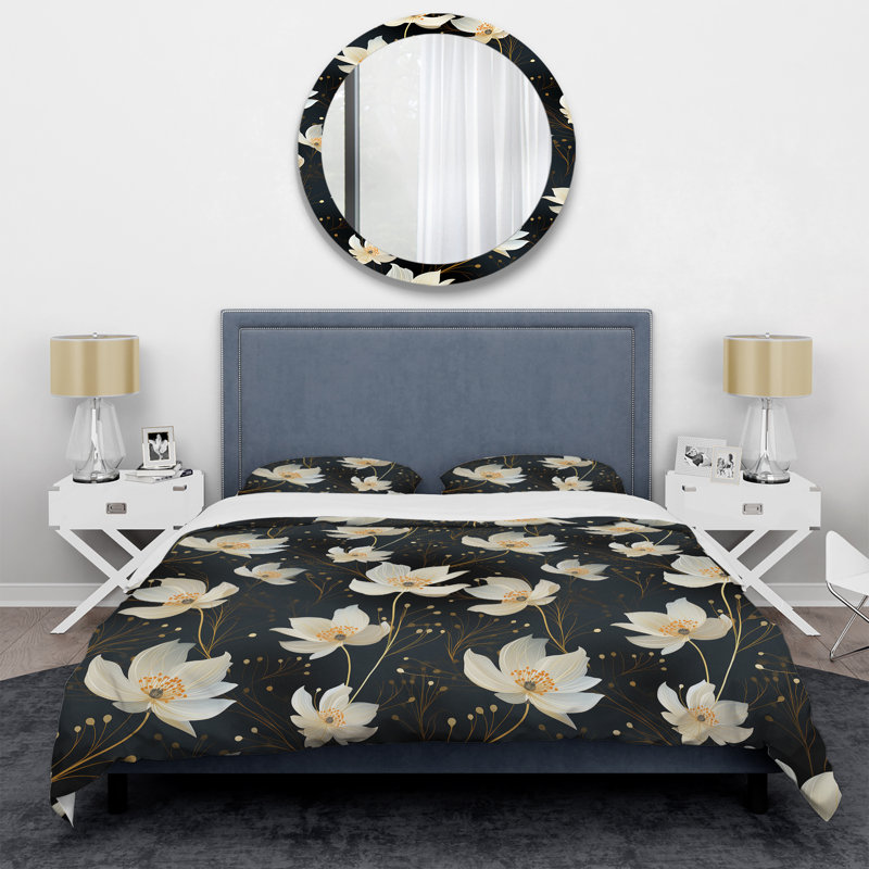 Ensemble de housse de couette à motif floral noir et ivoire, Housse de couette pour grand lit et 2 taies décor
