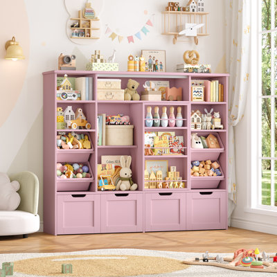 55.1"W Standard Toy Organizer With Sliding Bookshelf, 47.4"H Toy Storage With 4 Removable Drawers and Plastic Bins for Kids Room, Playroom, Kindergart