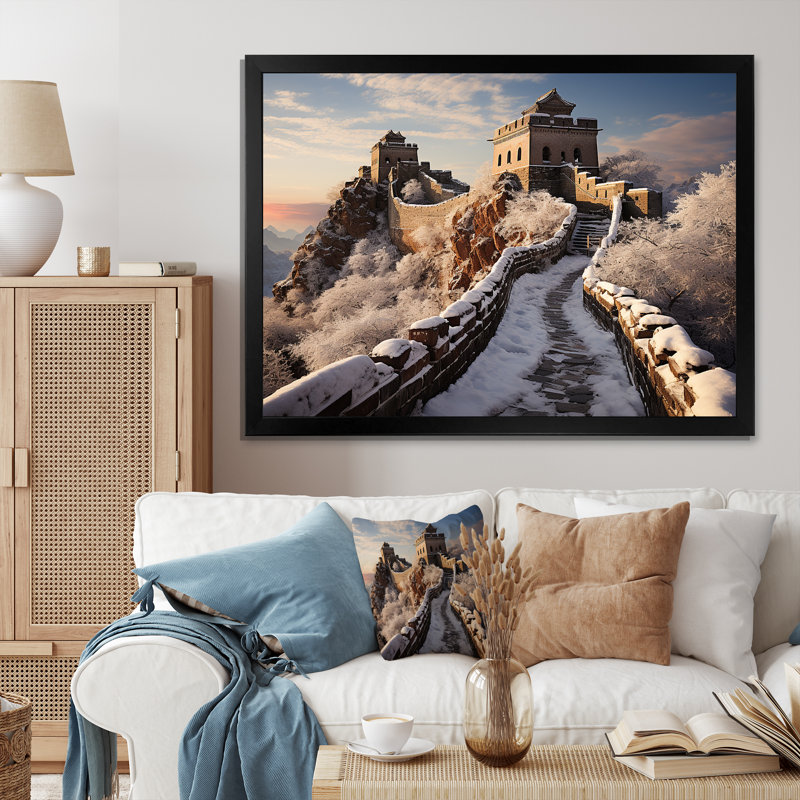 Grande muraille de Chine en hiver IV - Art mural japonais, Cadre d'angle fermé noir, H 34 po x l 44 po x P 1,5 po