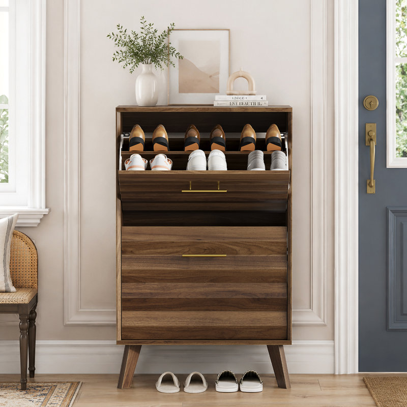 12 Pair Flip Down Shoe Storage Cabinet with Adjustable Shelves