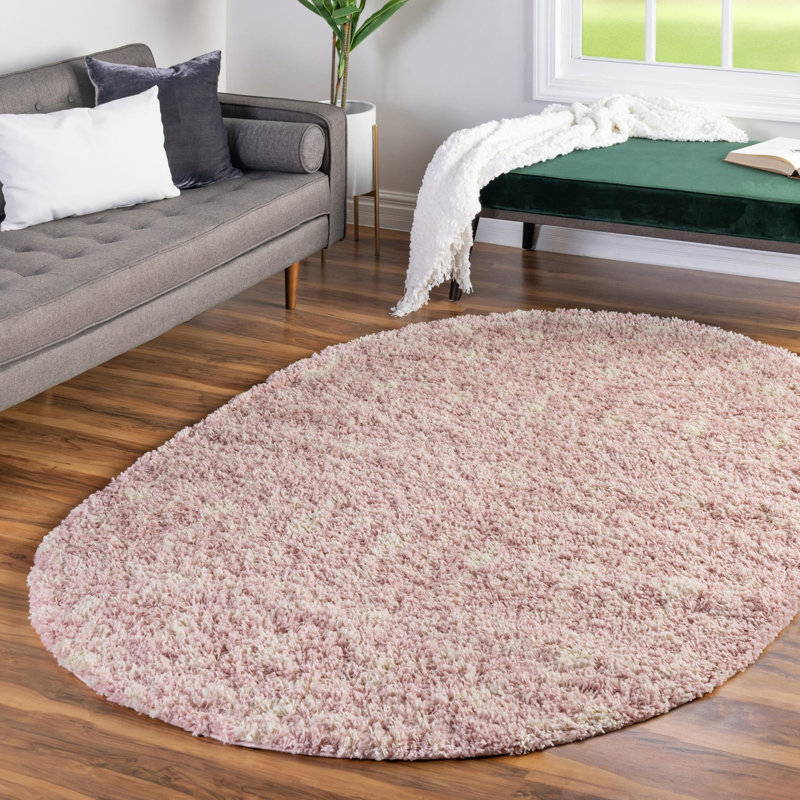 Tapis rose clair en polypropylène tissé à la machine à motif géométrique Griego, Ovale 4 pi 1 po x 6 pi 1 po
