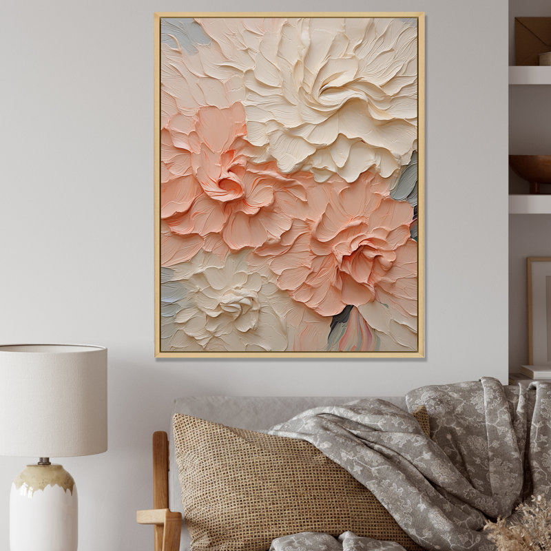 Fleurs beiges et roses en harmonie - Fleurs, art mural, Cadre flottant érable, H 40 po x l 30 po x P 1,5 po