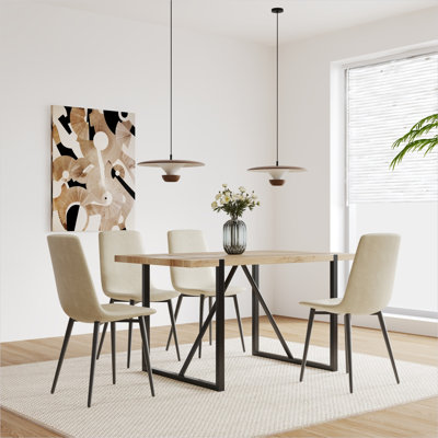 Ensemble de salle à manger 5 pièces en MDF brun 55 pouces avec 4 chaises rembourrées beiges, une table carrée et des pieds en métal pour la cuisine ou la salle à manger, style Mid-Century