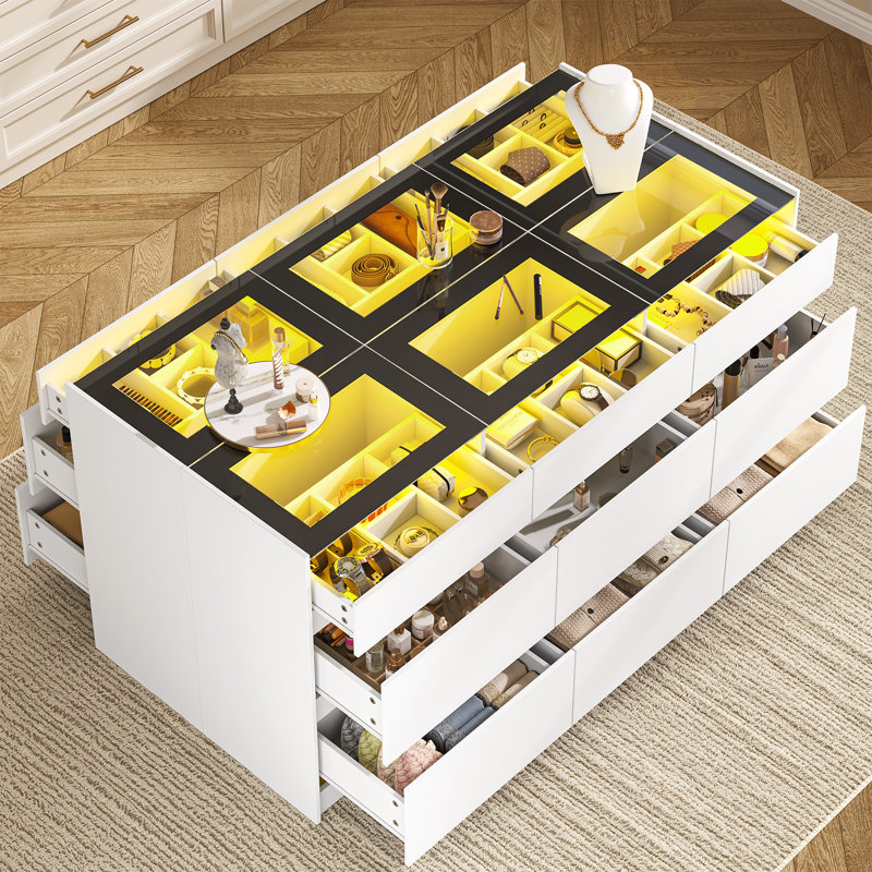 Closet Island With 18 Drawers, Jewelry Display Cabinet Island With Glass Top For Cloakroom, White