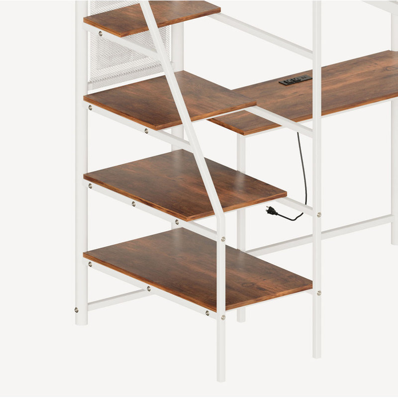 Loft Metal Bed For Bedroom And Dormitory, With Built-In Charging Station And LED Lighting, Twin, White