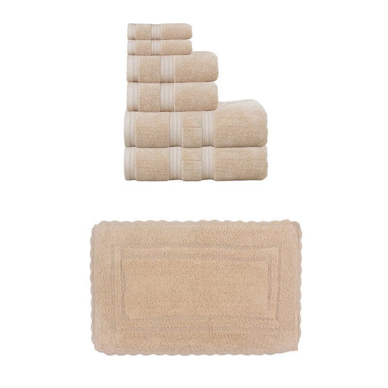 Colson 100% Soft Cotton 2 Pc Bath Towel Set & 1 Pc 17x24" Bath Rug, (Set of 3), Linen, 7 Piece Towel Set, Linen