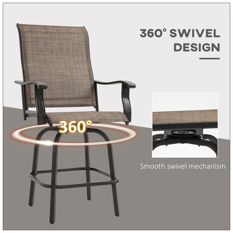 Ensemble de 2 tabourets de bar pivotants d'extérieur avec accoudoirs, chaises de patio à hauteur de bar avec cadre en acier pour balcon, bord de piscine, arrière-cour, brun