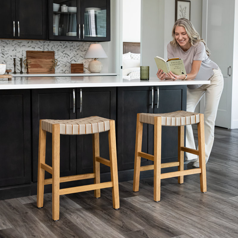 Maven Lane Emerson Kitchen Stool with Faux Leather Upholstery, Weathered Natural, Counter Stool (26" Seat Height)