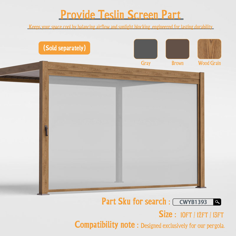 Patio Louvered Aluminum Pergola with Solar LED, Wood Texture, 10 Ft. x 13 Ft.	