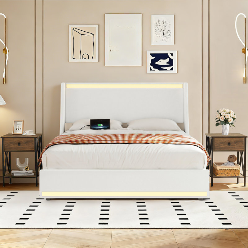 White Upholstered Platform Bed With LED Lights And Nightstands Set, Bed Frame With USB & Type-C Charging Ports, Storage Drawers, Faux Linen Headboard, 2 Nightstands With Drawer & Shelf, Modern Bedroom Furniture Set