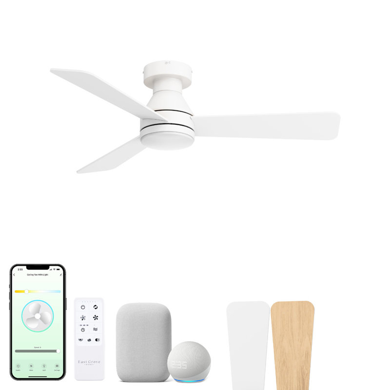 Ventilateur encastré à 3 pales de 27 pouces Aero 4200K-6000K avec télécommande Aero et quincaillerie blanche avec pales réversibles en bois naturel ou blanc Aero