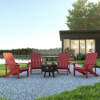 Star and Moon Fire Pit with Mesh Cover & 4 Poly Resin Adirondack Chairs