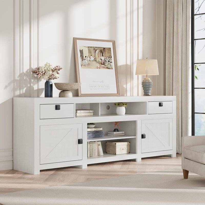 70'' Farmhouse TV Stand, Entertainment Center with 4 Storage Drawers & 3 Open Shelf, Television Consoles Stands, White