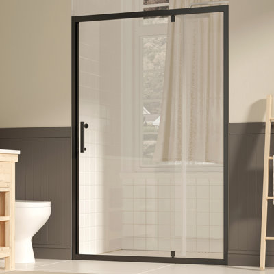 Porte de douche pivotante de 47 à 49 po de largeur, 72 po de hauteur, verre trempé de 1/4 po de 6 mm, revêtement Nano Easy Clean, noir mat réversible pour utilisation dans la salle de bain américaine traditionnelle moderne, verre transparent avec film,