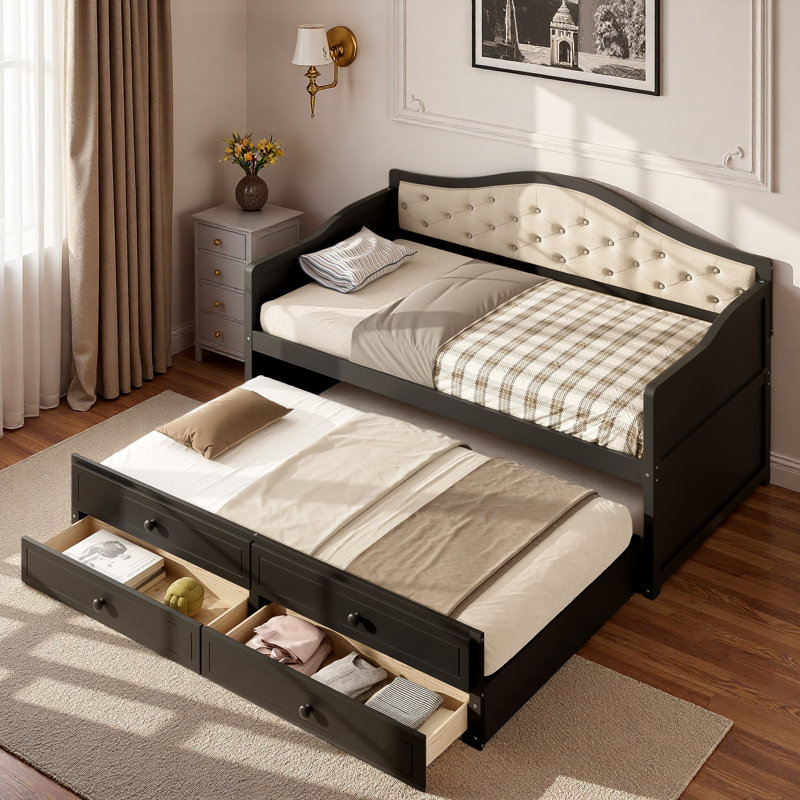 Wooden Daybed With Trundle, 2 Storage Drawers And Upholstered Button Tufted Backrest, Black
