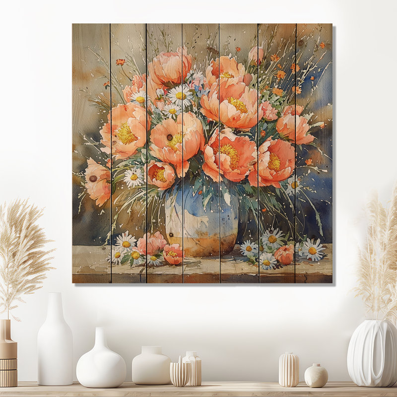Wild Peony Bouquet At The Farm I - Peonies Wood Wall Art - On Natural Pine Wood, 15" H x 15" W x 0.78" D