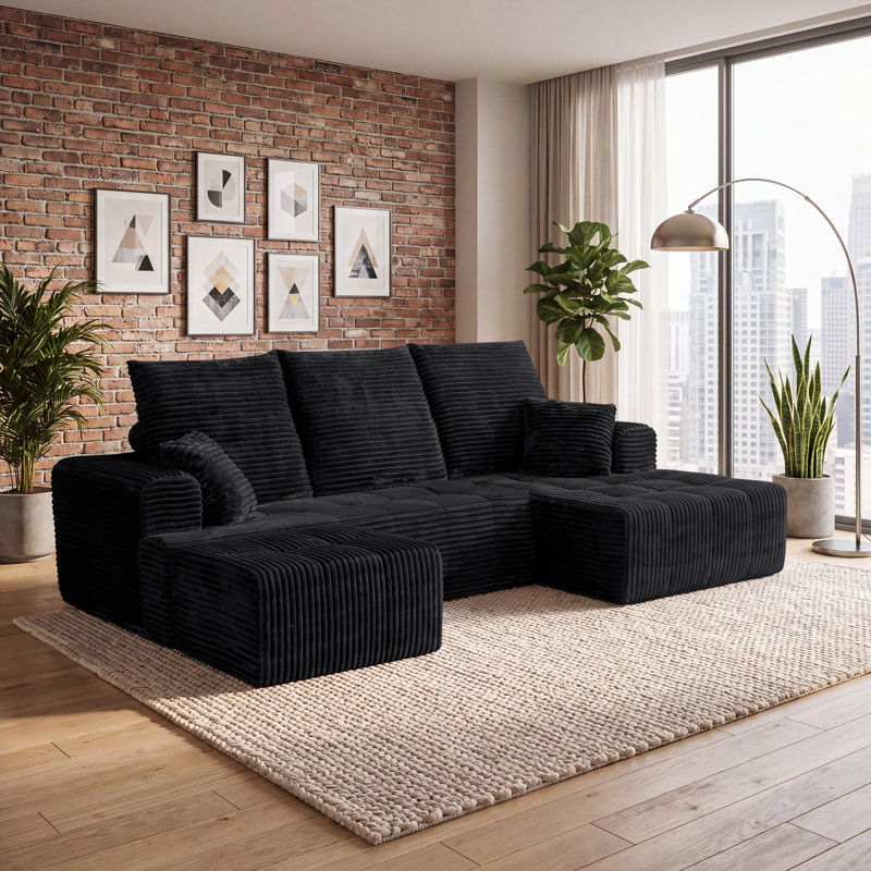 Canapé d'angle modulaire compressé en forme de U de 277 cm de large avec méridienne et pouf, 3 pièces, revêtement en velours côtelé, assise profonde, ressorts ensachés et 5 coussins pour salon, aucun assemblage requis, noir