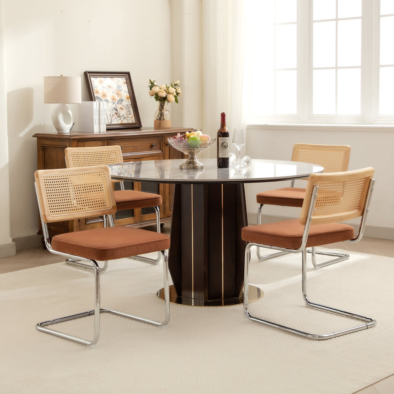 Side Chair Dining Chairs With Cane Rattan Back, Corduroy Fabric Brownie Brown, 4