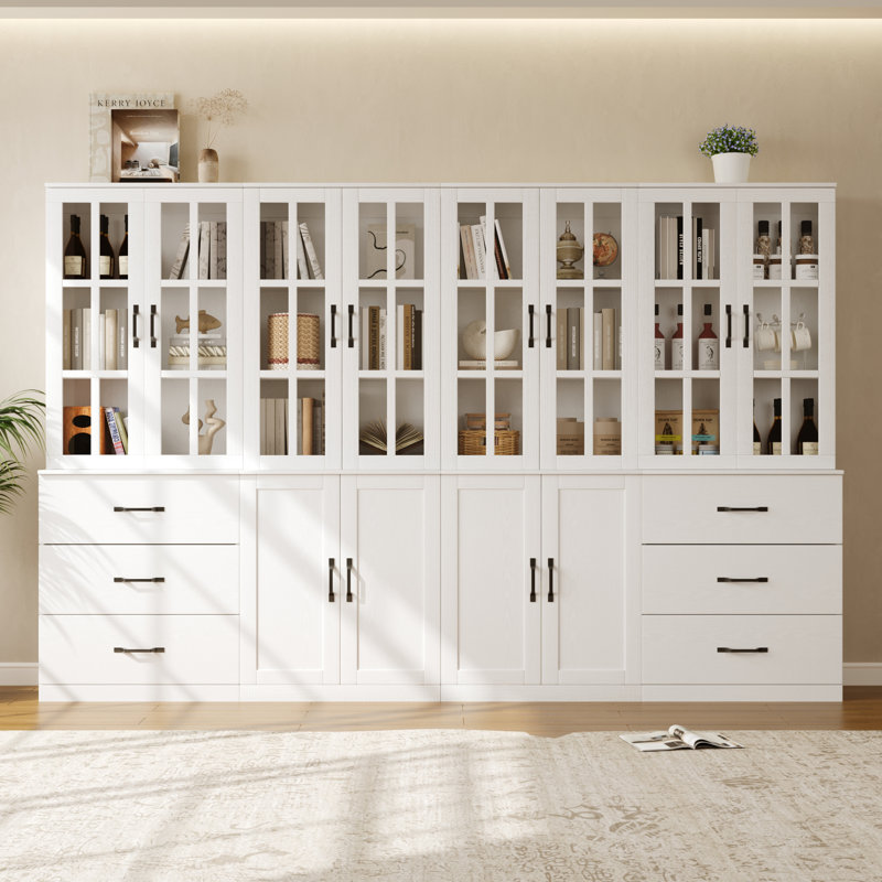  71" H X 71" W Bookcase Cabinet With Glass Doors And Large Storage Drawers(2C+2D), White