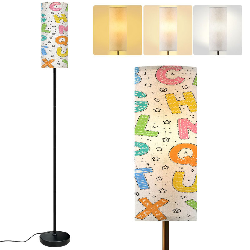  68.5" Standing Floor Lamp ABC seamless simple cartoon style Cute dinosaur alphabet print hand Dimmable Metal Pole Lamp with Linen Lampshade LED Bulb Included